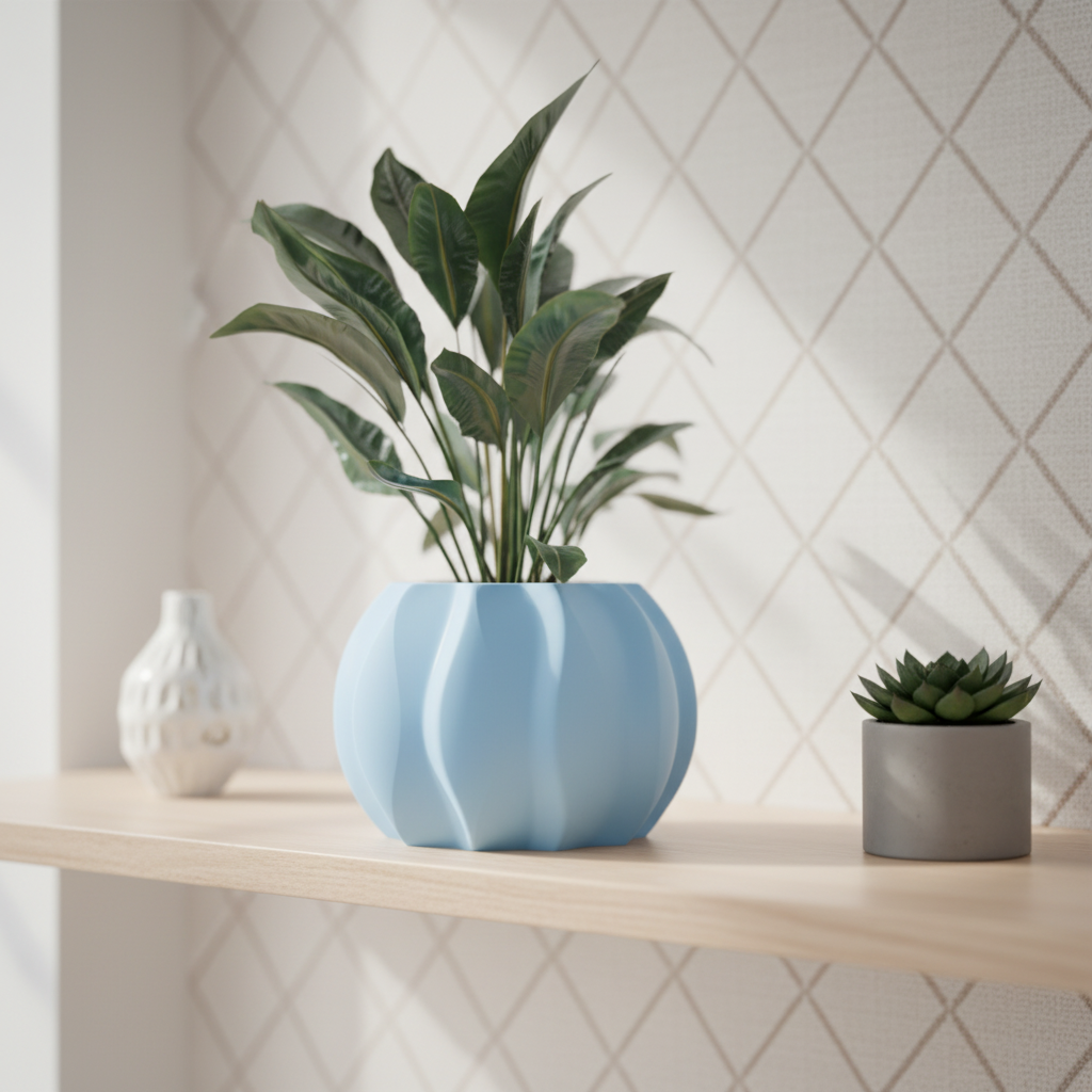 Modern Ripple Planter render three quarter angle on white surface clean bright studio light