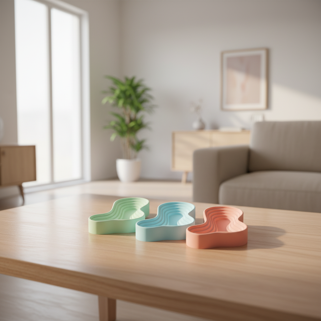 Ripple Tray Organizer Set lifestyle on pale oak coffee table three trays with organic fluid silhouette bright living room morning light