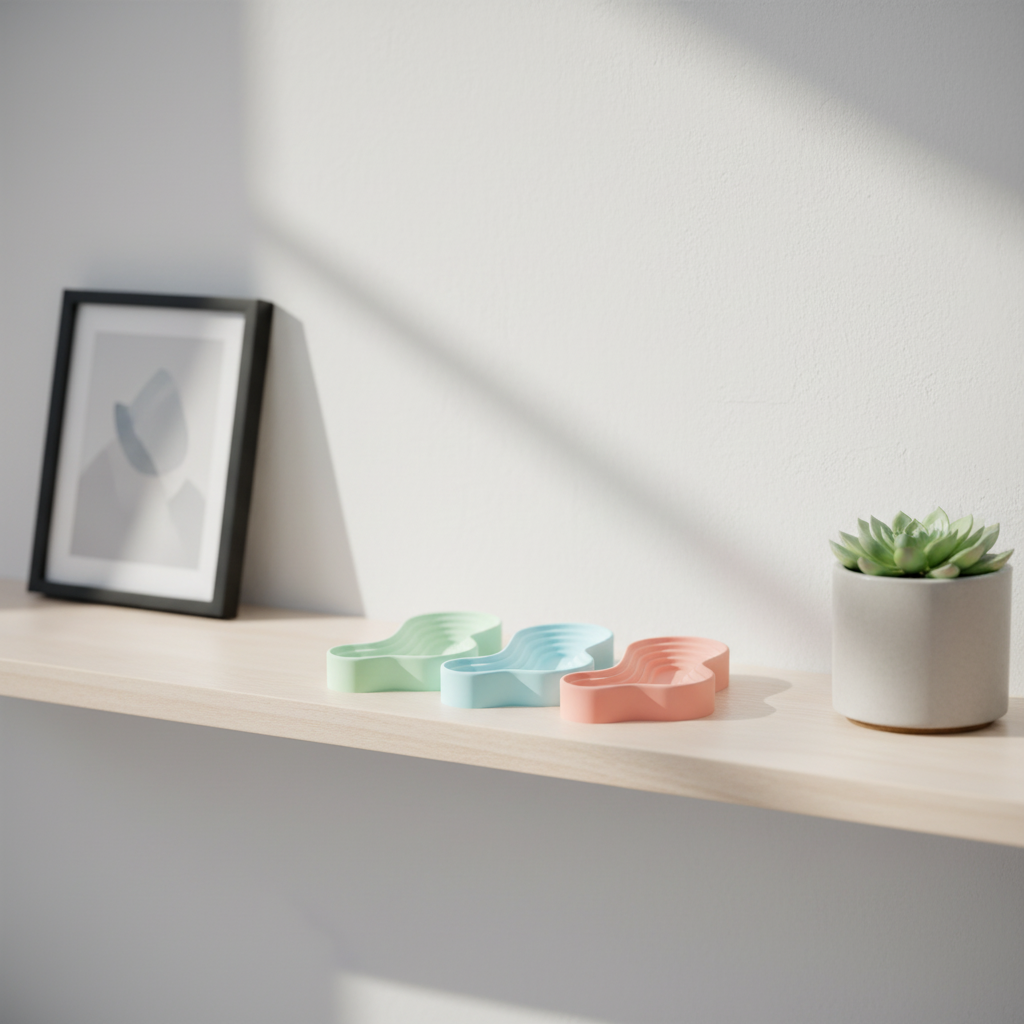 Ripple Tray Organizer Set lifestyle on pale oak shelf beside framed art and succulent plant soft window shadow