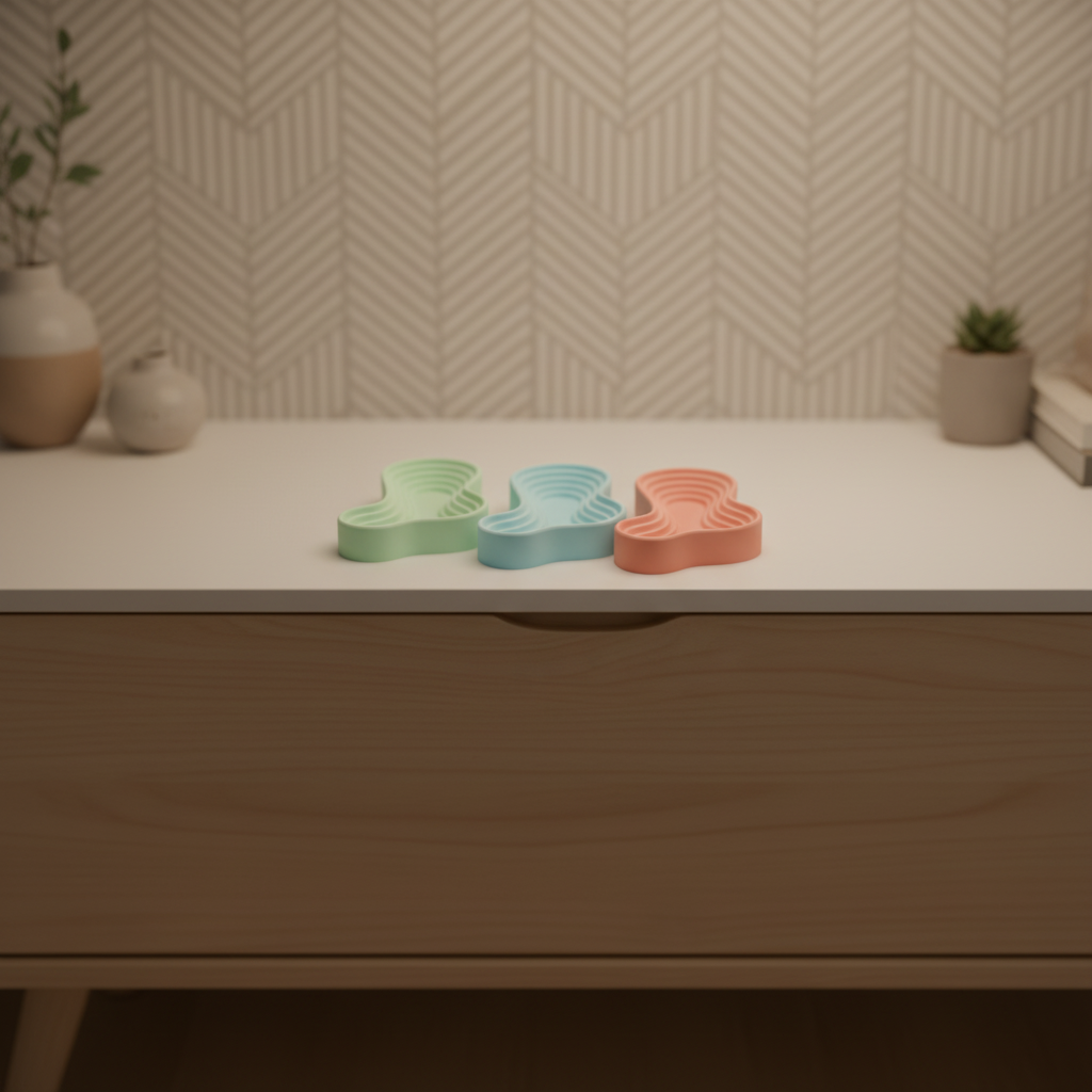 Ripple Tray Organizer lifestyle on white surface beside small ceramic vase and succulents editorial product photography