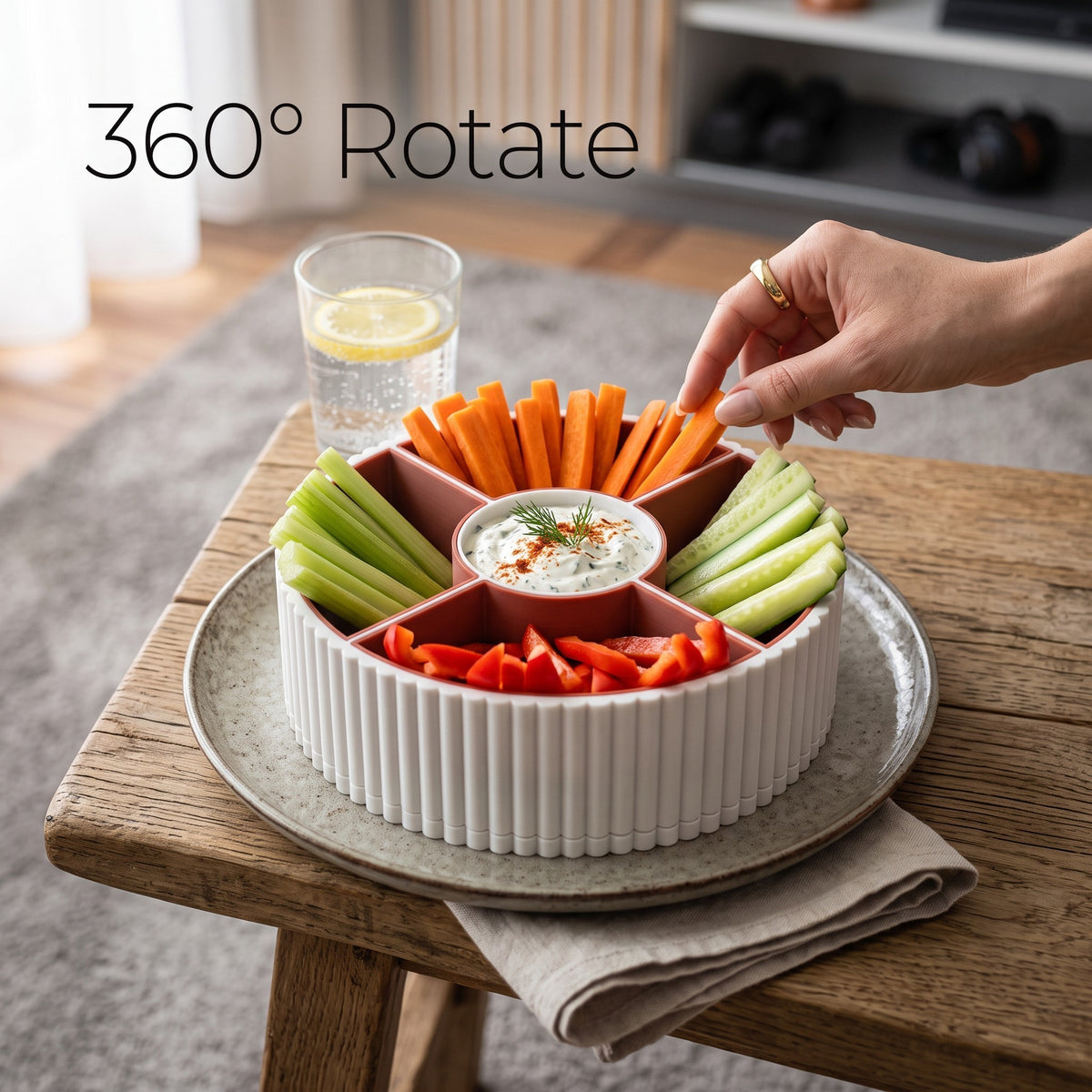 360-Degree Rotatable Ribbed Multi-Tray in white used as beauty organiser on marble bathroom counter with mirror