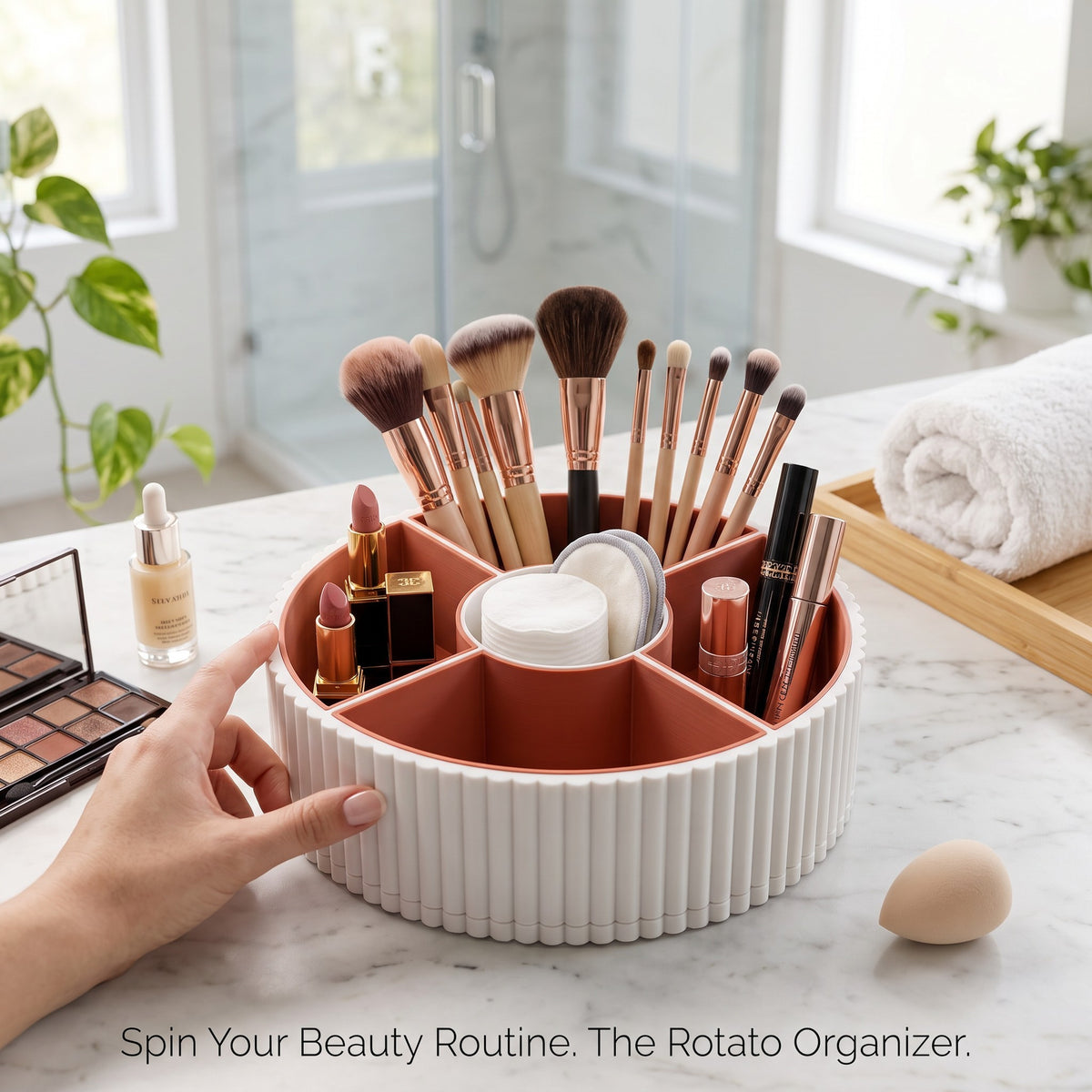 360-Degree Rotatable Ribbed Multi-Tray in white used as makeup organiser on marble surface in luxury bathroom