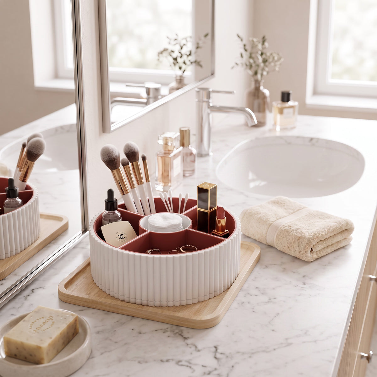 360-Degree Rotatable Ribbed Multi-Tray in white with snacks and dip on a wooden coffee table