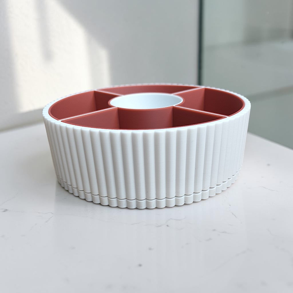 360-Degree Rotatable Ribbed Multi-Tray with snacks in living room