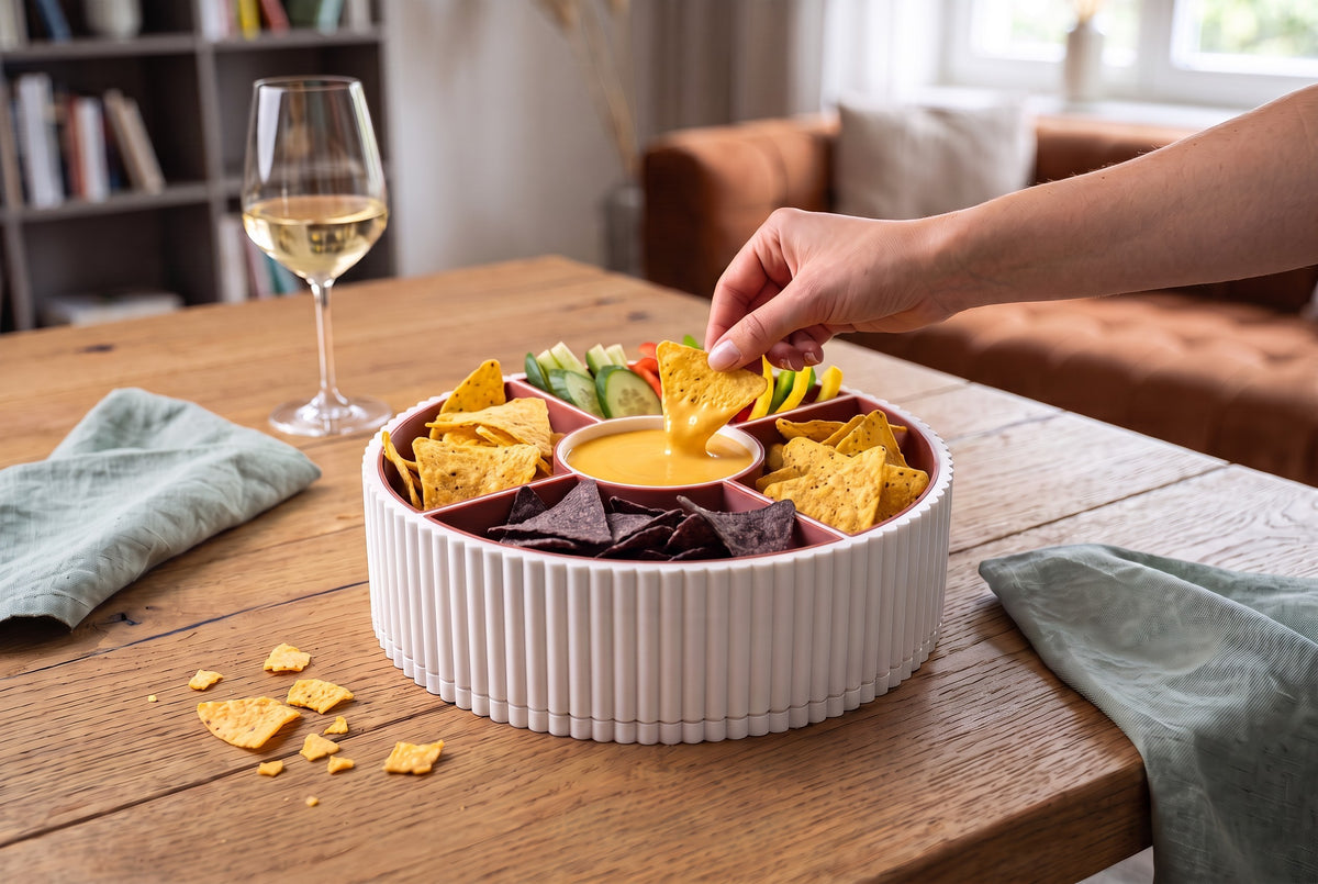 360-Degree Rotatable Ribbed Multi-Tray with fresh vegetables and dip