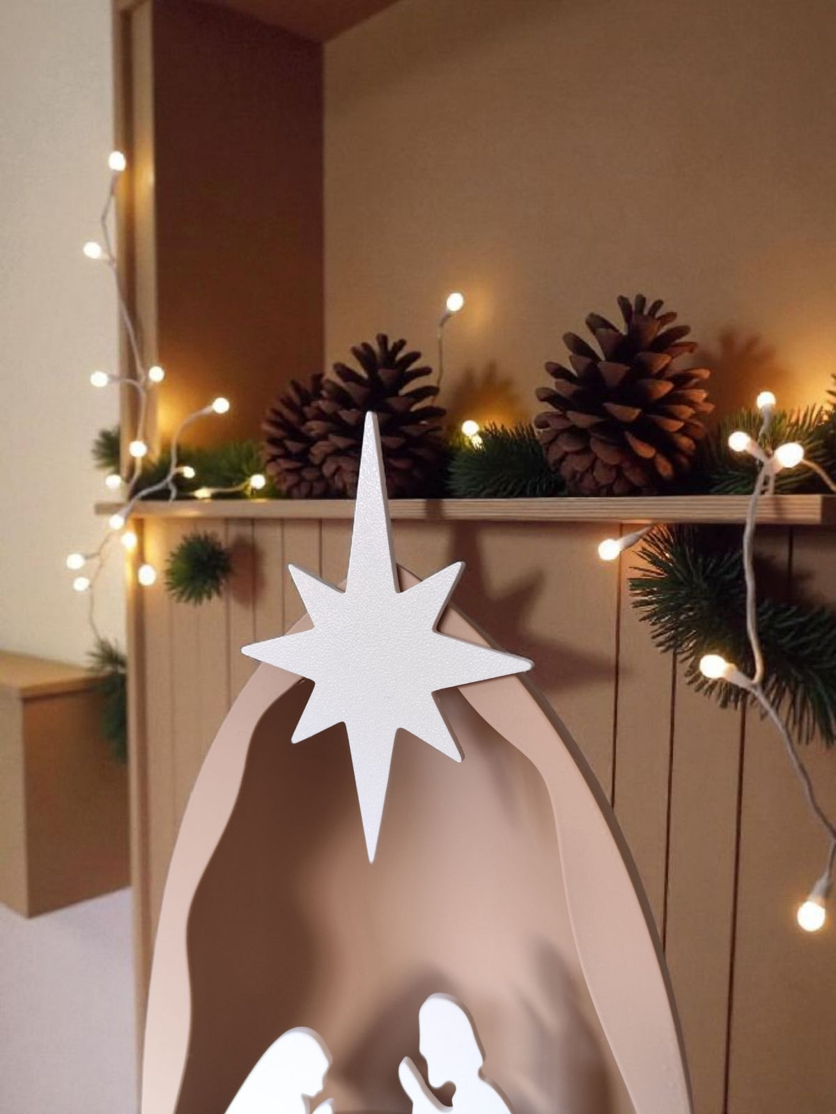 Side profile view of nativity scene dome body on white surface with succulent