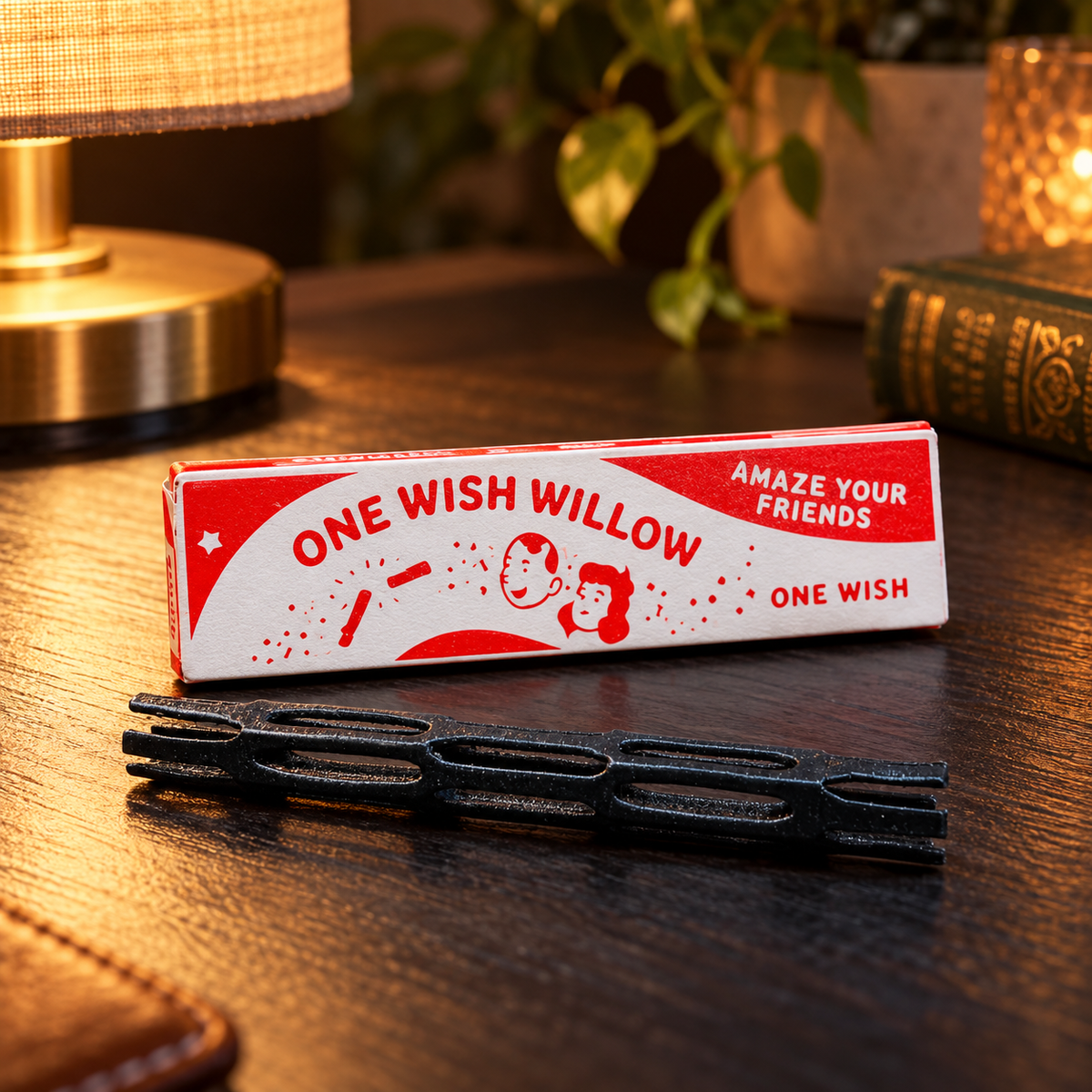 Black One Wish Willow stick beside its red-and-white presentation box
