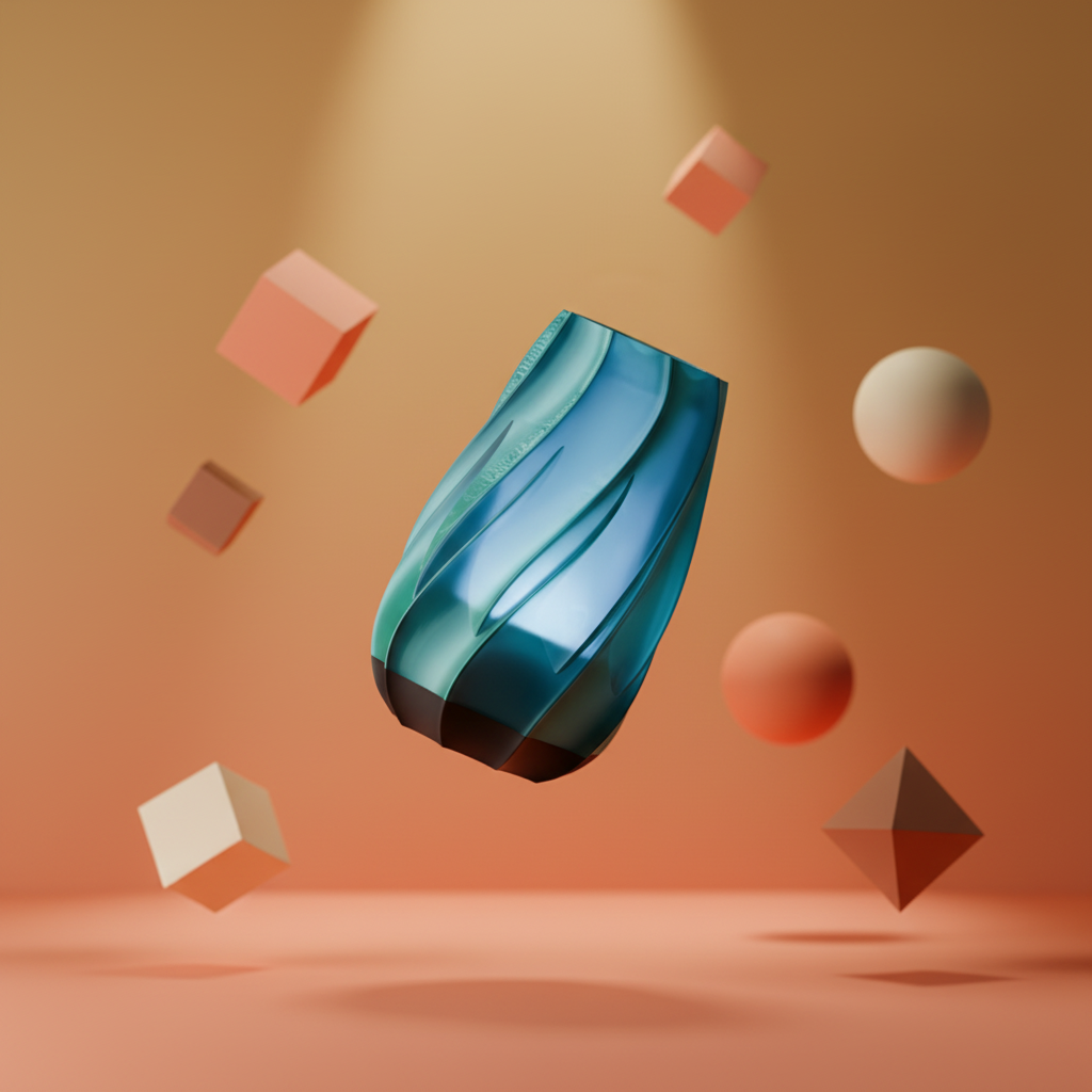 Twisted Glow Table Lamp teal translucent organic diagonal twist-fin body floating among geometric cubes spheres pyramid warm peach studio editorial square