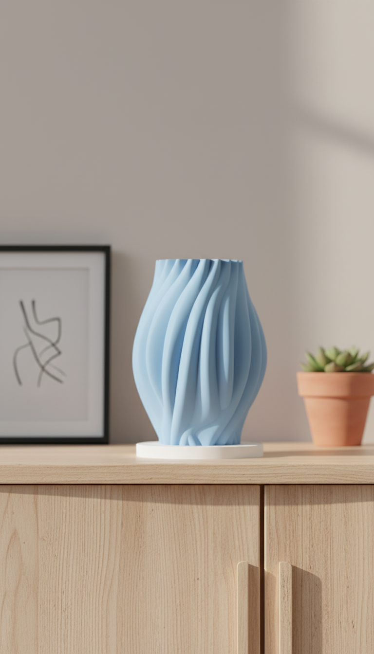 Organic Flow Vase powder blue flowing drape-fold surface held in two cupped hands warm beige background scale portrait