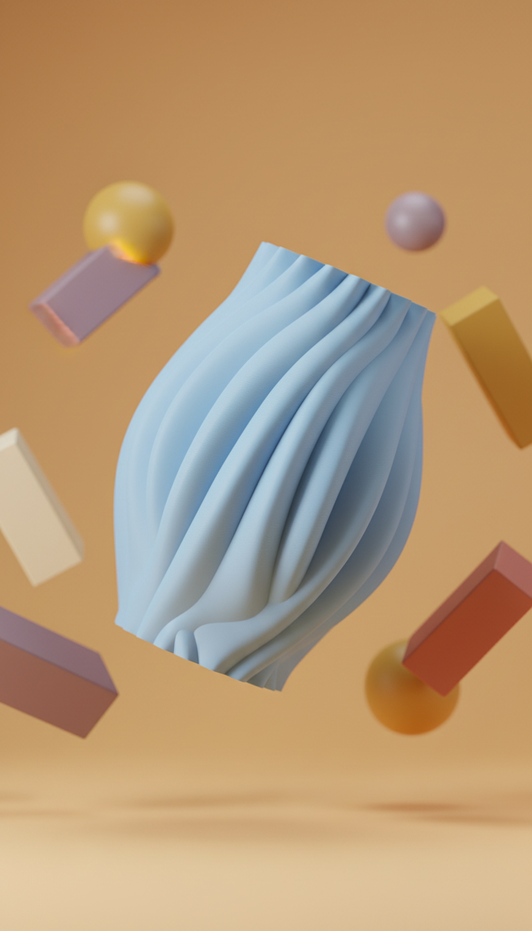 Organic Flow Vase powder blue flowing drape-fold surface on warm oak sideboard with white coaster geometric hexagon wallpaper warm evening light portrait
