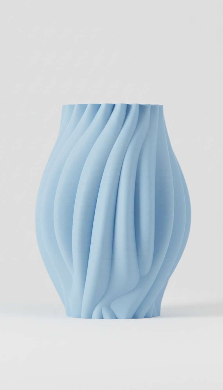 Organic Flow Vase powder blue flowing drape-fold surface held in two hands close up beige sweater warm background portrait