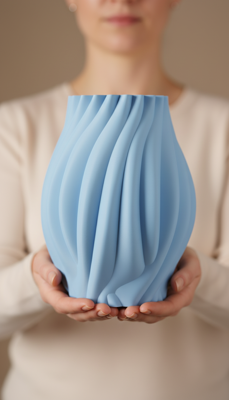 Organic Flow Vase powder blue flowing drape-fold surface held in two hands from behind close up warm Japandi interior shelf background portrait