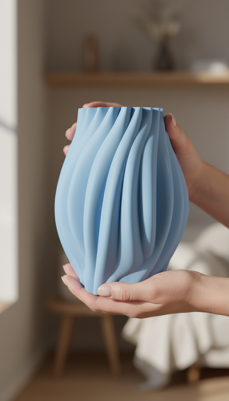 Organic Flow Vase powder blue flowing drape-fold surface on warm oak sideboard with white base disc geometric hexagon tile wall background portrait