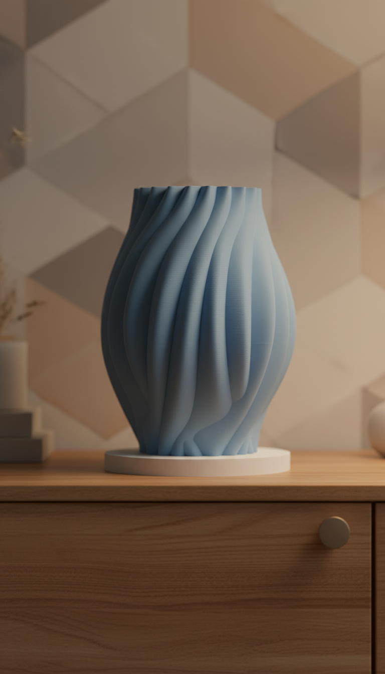 Organic Flow Vase powder blue flowing drape-fold surface surrounded by pastel geometric shapes cube cylinder pyramid grey gradient background portrait
