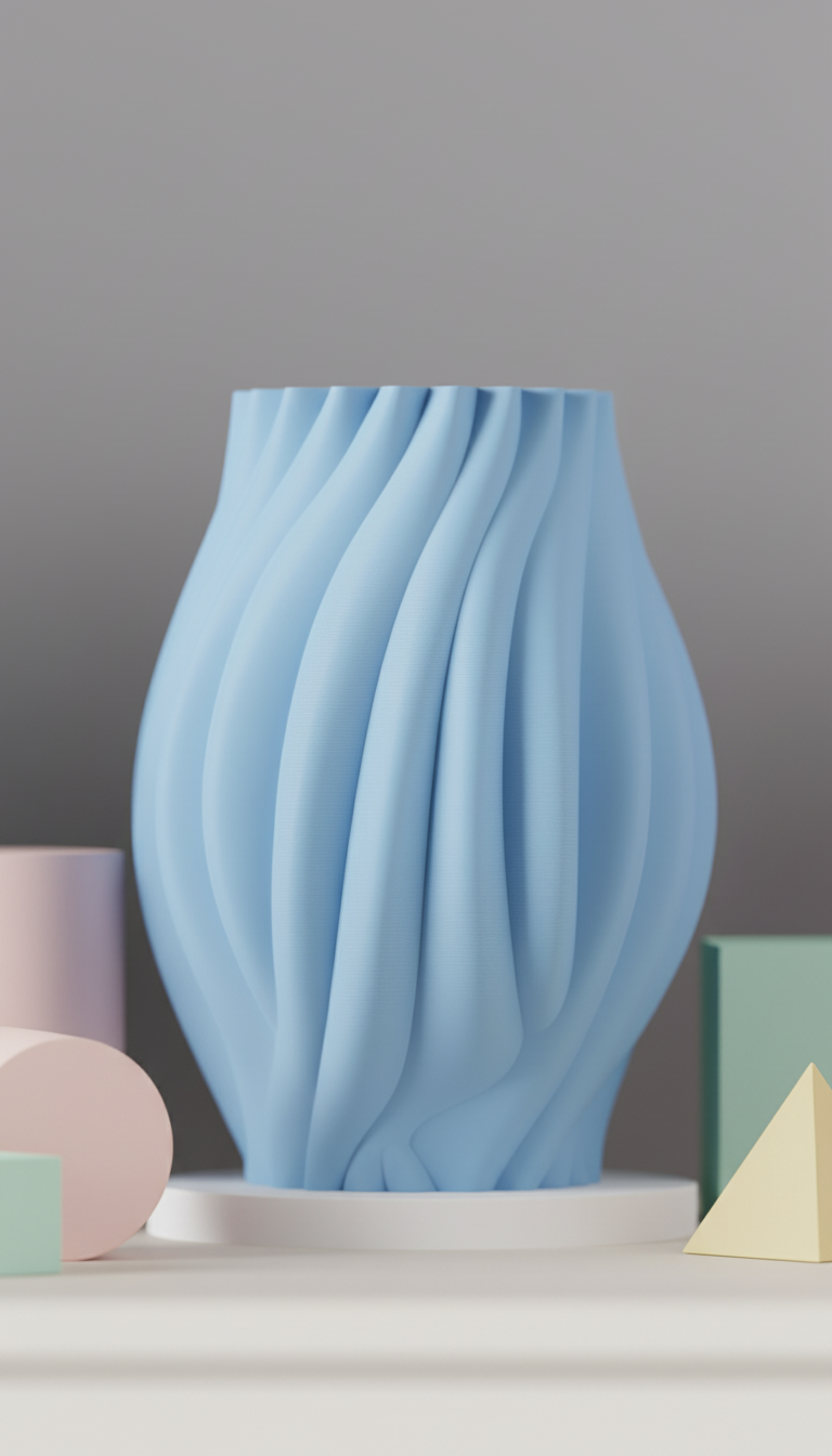 Organic Flow Vase powder blue flowing drape-fold surface on pale oak sideboard beside pink sphere vase and succulent warm cream wall wide portrait