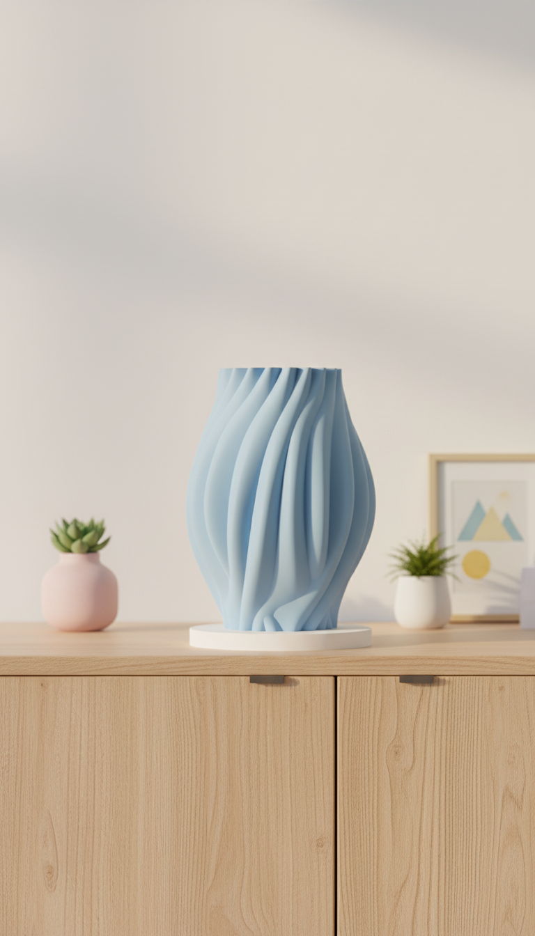 Organic Flow Vase powder blue flowing drape-fold surface close up detail raking side light showing shadow depth between folds dark studio