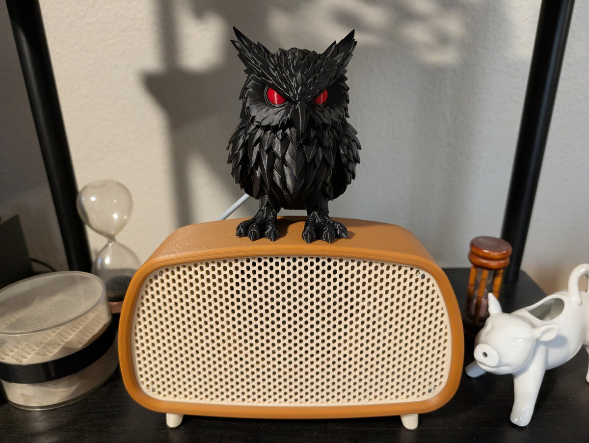Crimson Watcher Owl on vintage radio