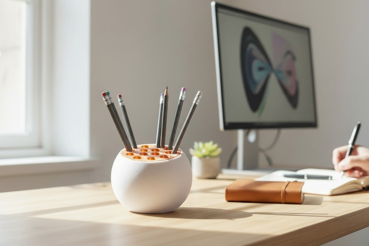 TrypoBall Pencil Holder — white and orange, product shot on dark surface 3