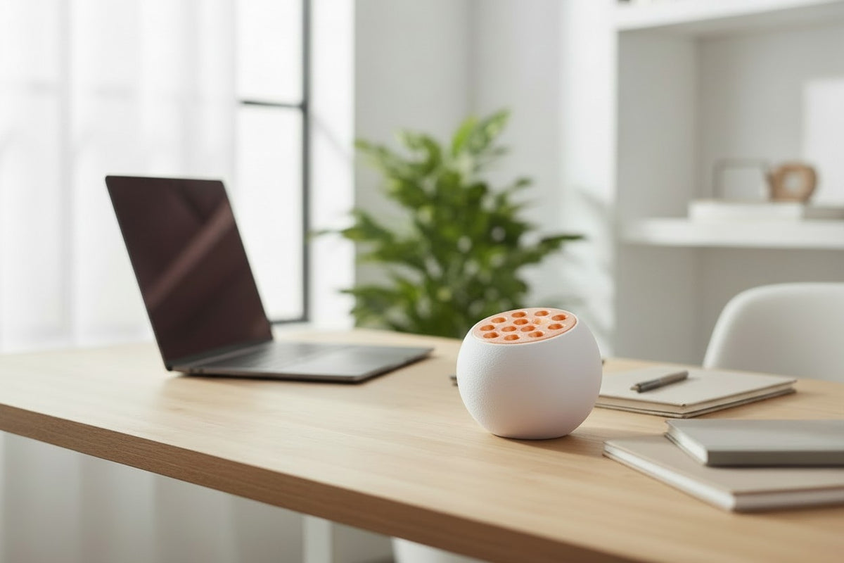 TrypoBall Pencil Holder — white and orange, product shot on dark surface 4