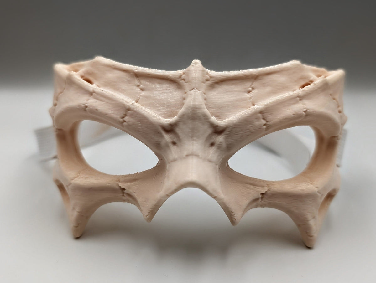 Front view showing the mask's large eyeholes, raised bone ridges and sharp outer points.