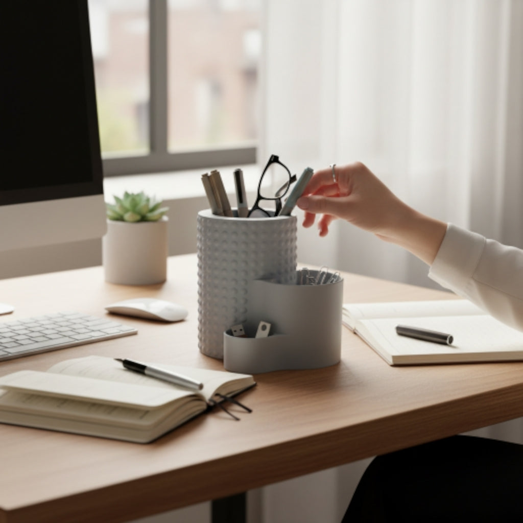 Modern Dotted Office Organiser — white on desk with scissors and pens, lifestyle shot