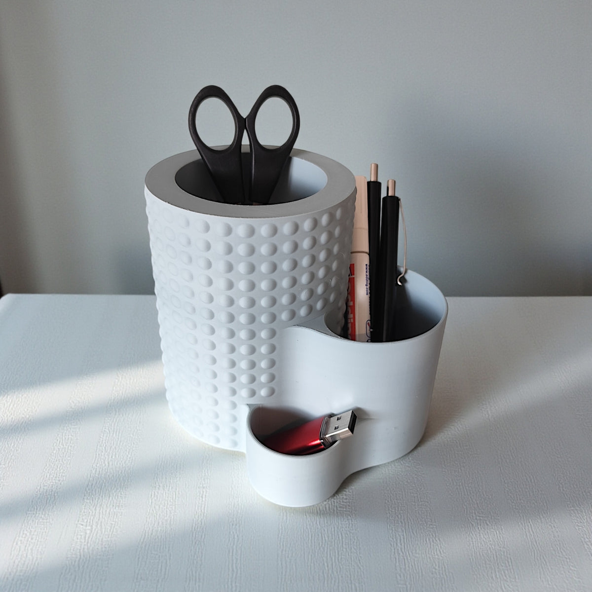 Modern Dotted Office Organiser — white product shot on grey surface with scissors and pens