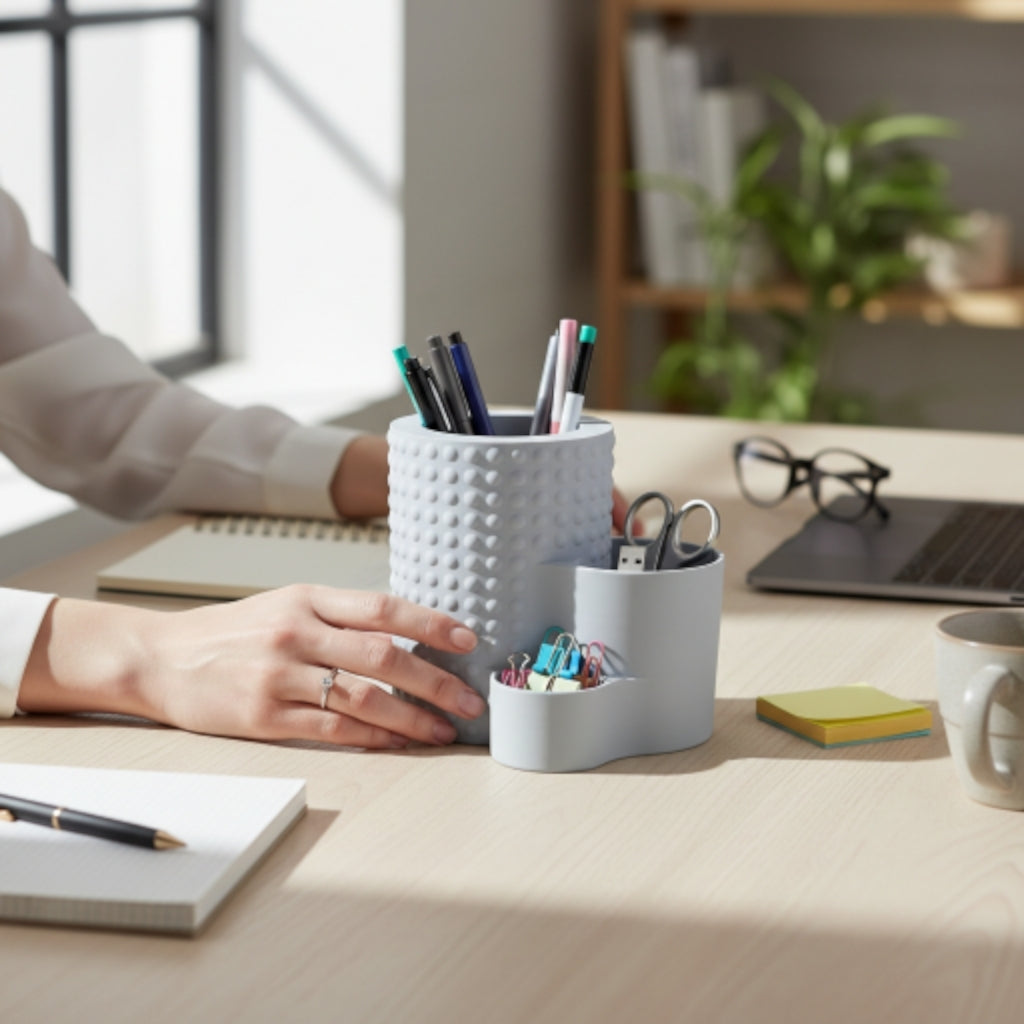 Modern Dotted Office Organiser — grey on marble surface with dramatic shadows