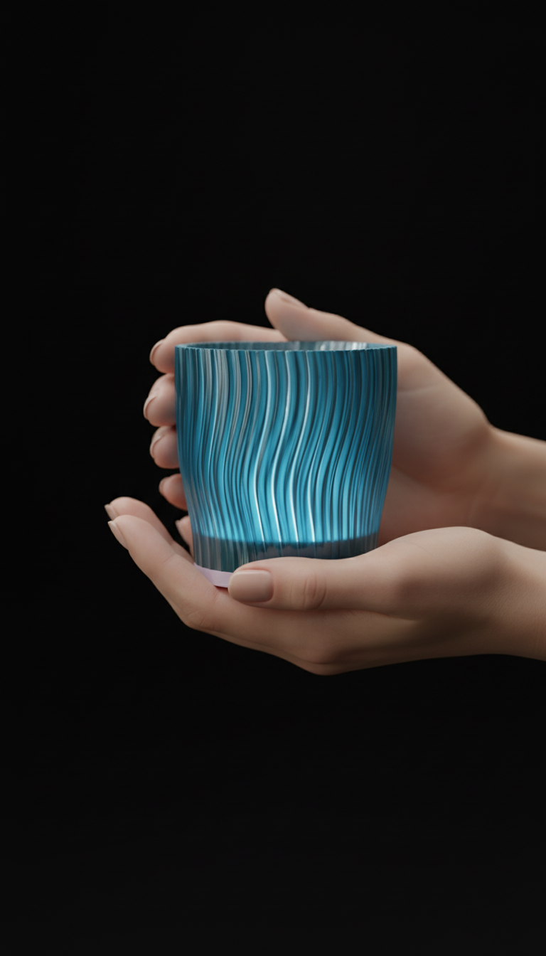 Ripple Edge Tealight Holder translucent teal cylindrical vertical wave-ripple texture glowing warm LED tealight within dark shelf books blurred background contemporary interior
