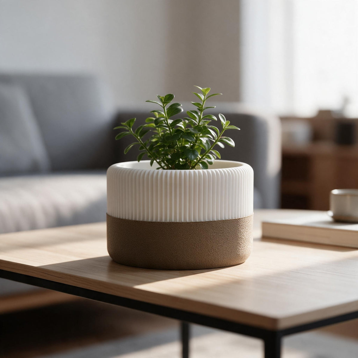 White vertical-ribbed planter with brown drip tray and green houseplant on a coffee table