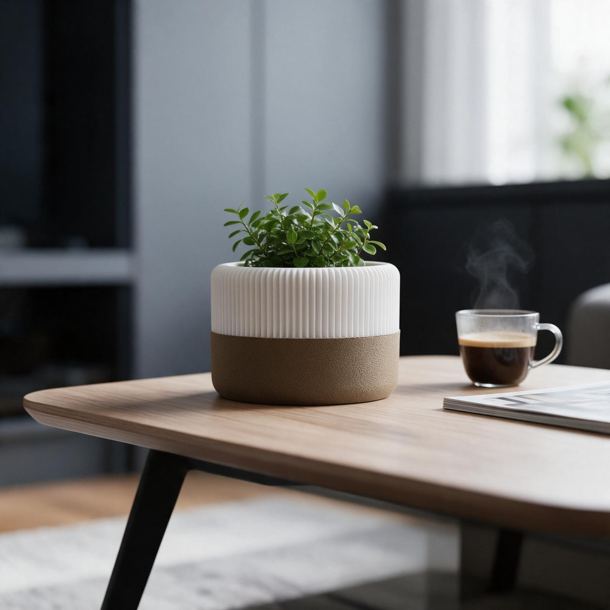 White ribbed planter body with brown textured tray and leafy plant on a modern desk beside a cup