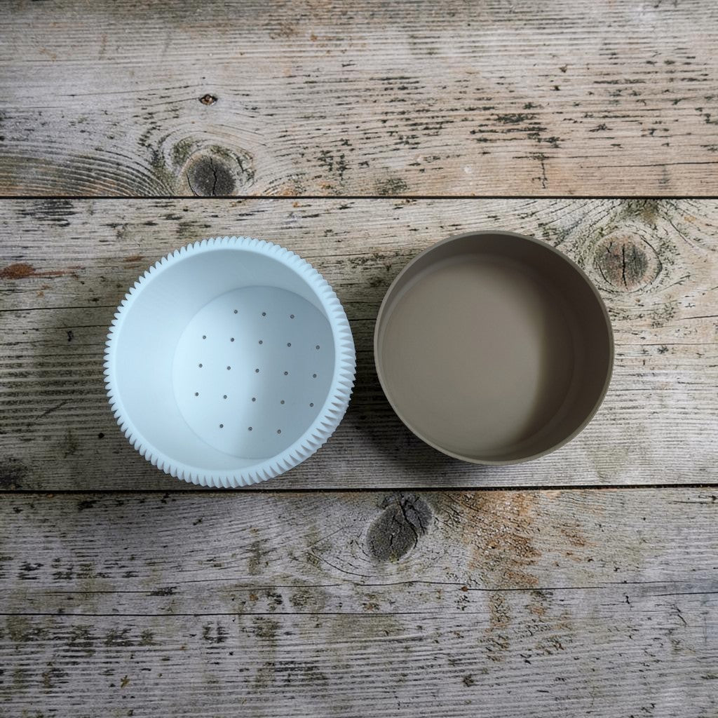White ribbed planter body with drainage holes shown separately from its brown drip tray