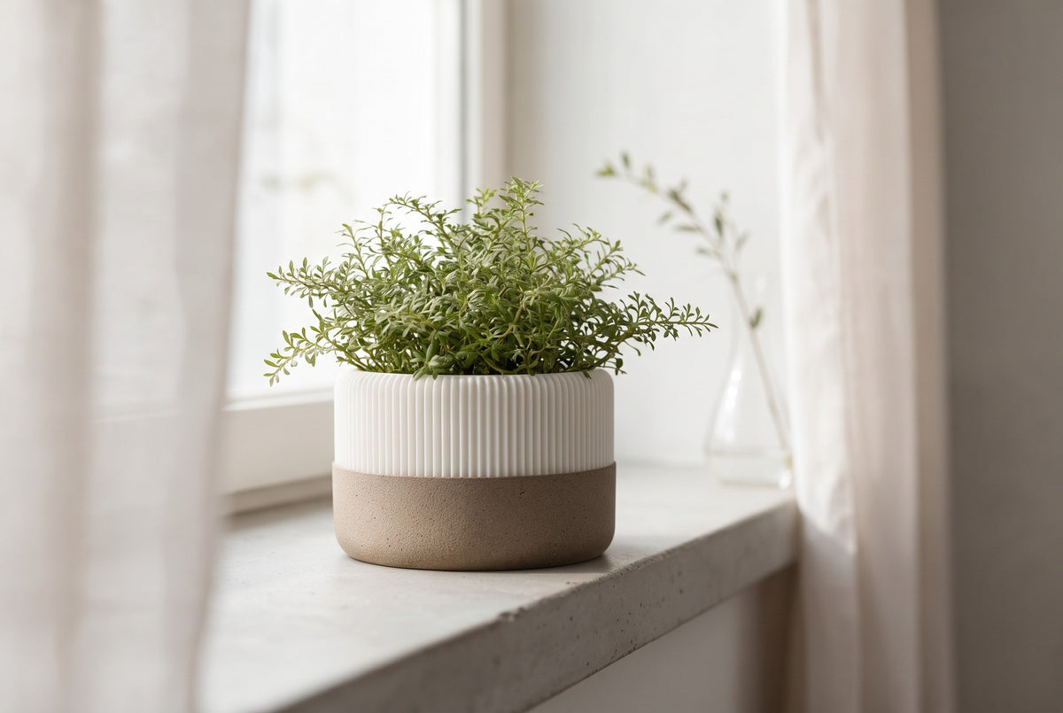 White ribbed planter with brown textured drip tray and leafy plant on a bright windowsill
