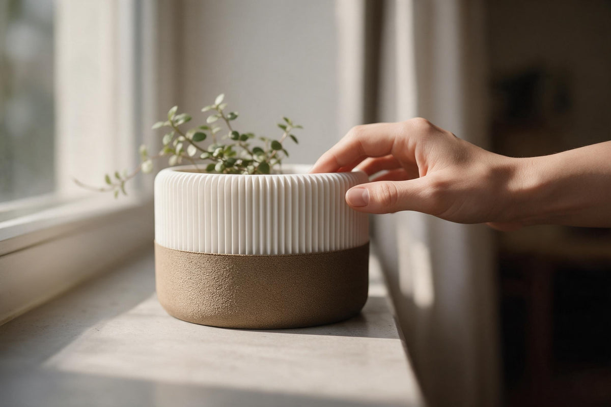 Hand holding the white ribbed planter with its brown tray beside a window