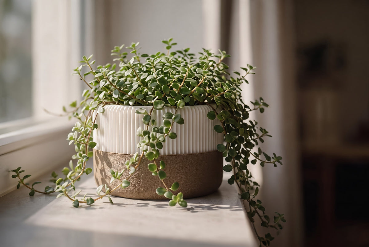 White ribbed planter with brown drip tray and trailing green foliage on a windowsill
