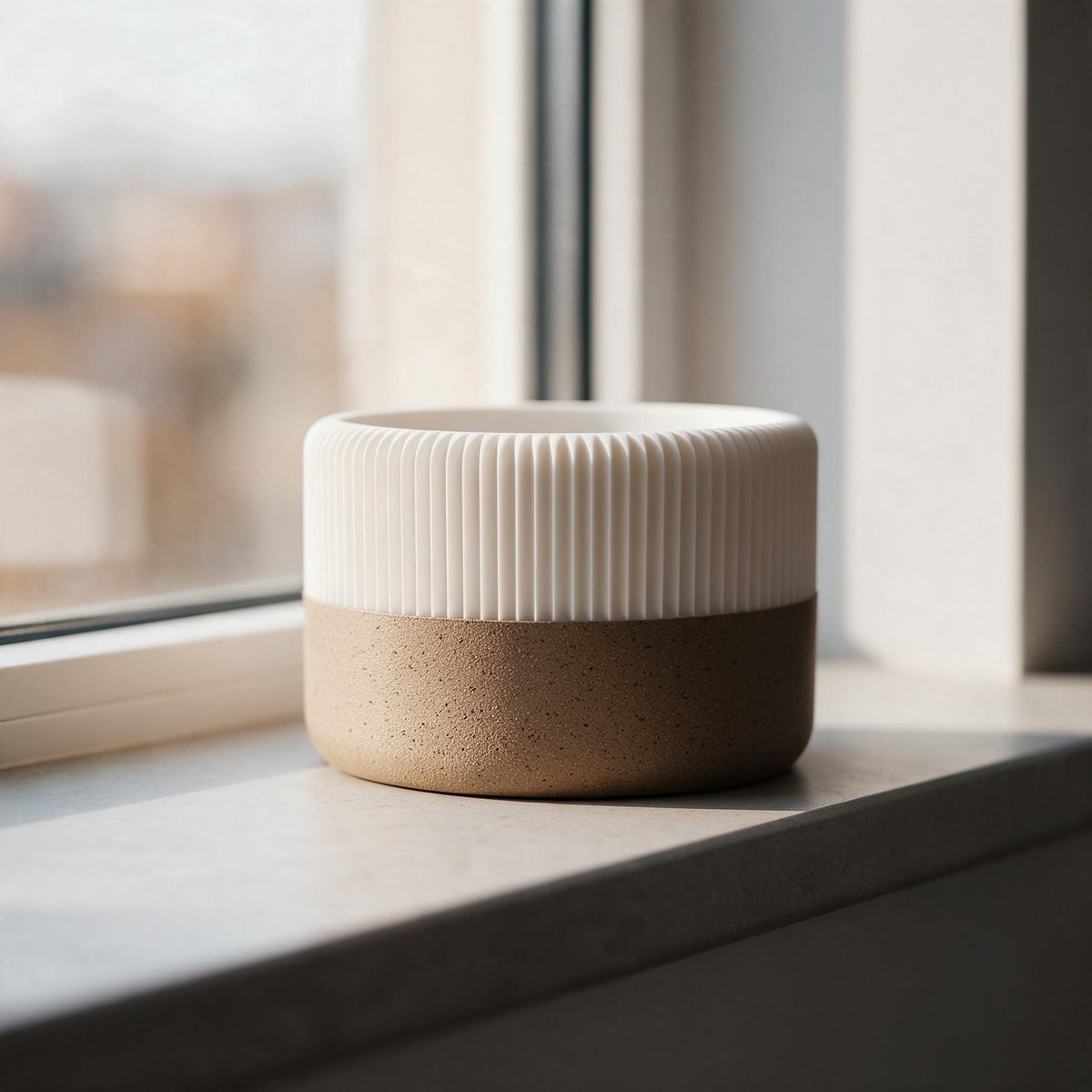 Modern white ribbed planter with brown textured tray and green plant beside a window