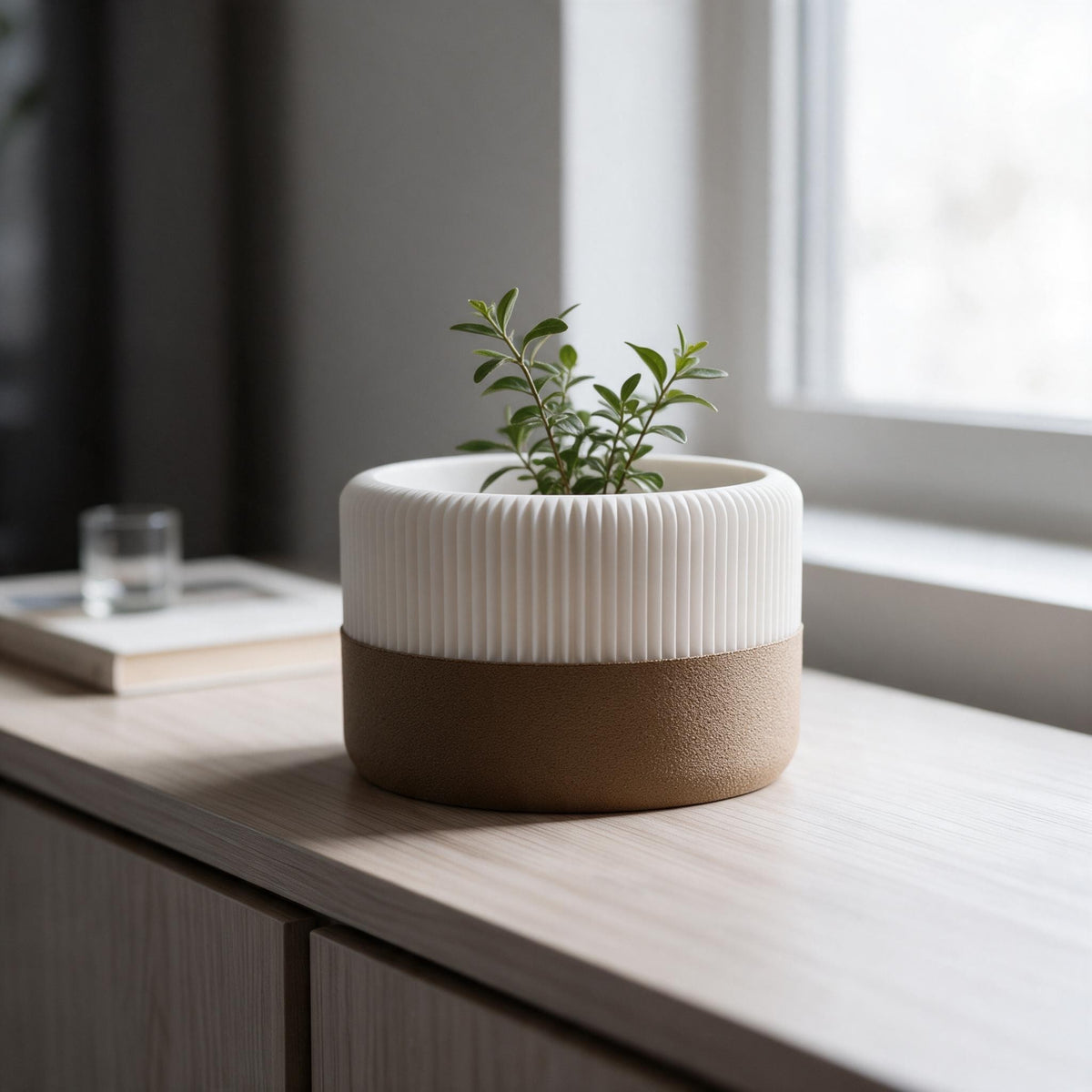 White ribbed plant pot with brown textured drip tray styled on a neutral tabletop
