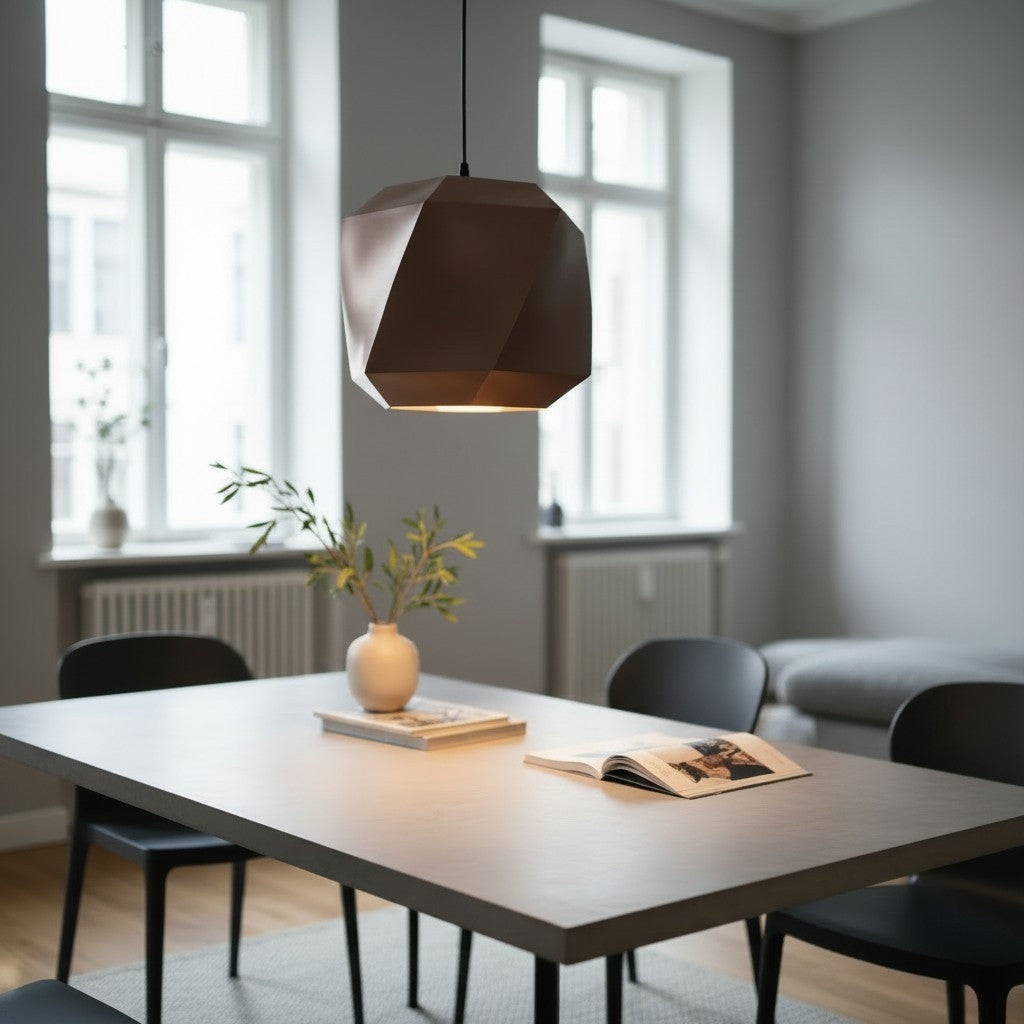 Polygon Lampshade for Pendant Lights above a wooden dining table in a bright Scandinavian dining room with plants