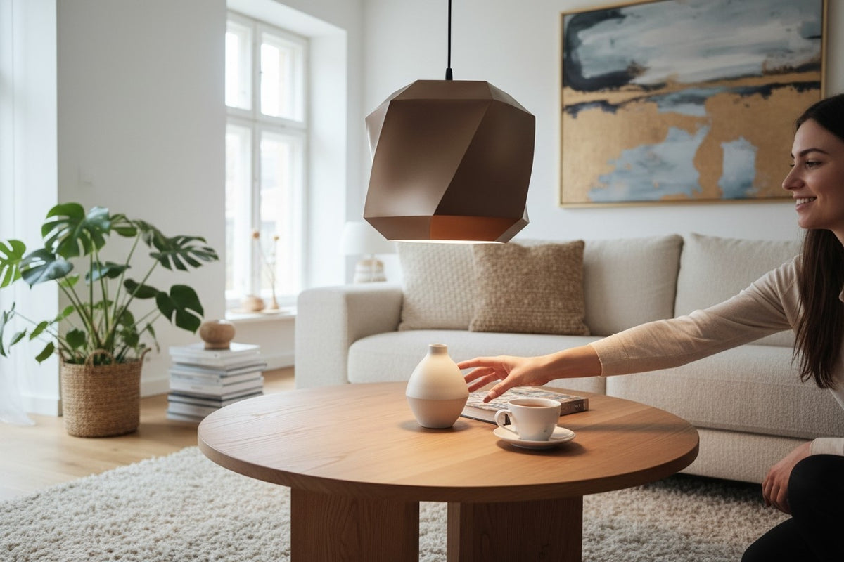 Polygon Lampshade for Pendant Lights in a bright Scandinavian living room above a coffee table with monstera plant