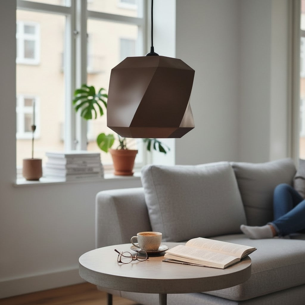 Polygon Lampshade for Pendant Lights above a dark dining table with woman reading a magazine