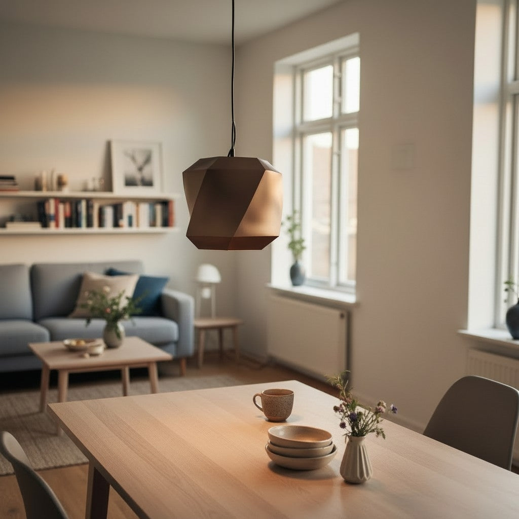 Polygon Lampshade for Pendant Lights above a dark dining table in a contemporary dining room