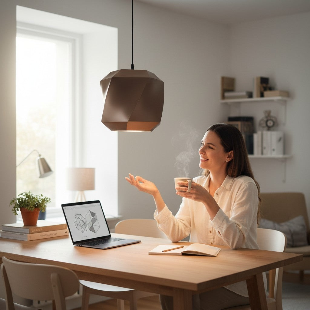 Polygon Lampshade for Pendant Lights above a wooden dining table in a bright Scandinavian dining room