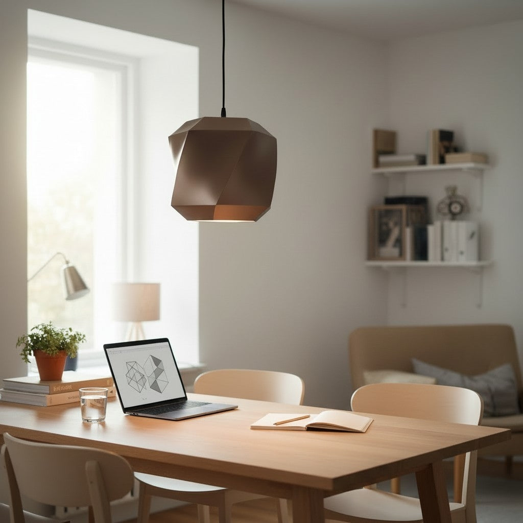 Polygon Lampshade for Pendant Lights above a wooden dining table in a bright Scandinavian dining room with books