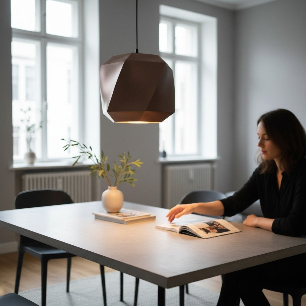 Polygon Lampshade for Pendant Lights above a wooden dining table in a bright Scandinavian dining room with vase