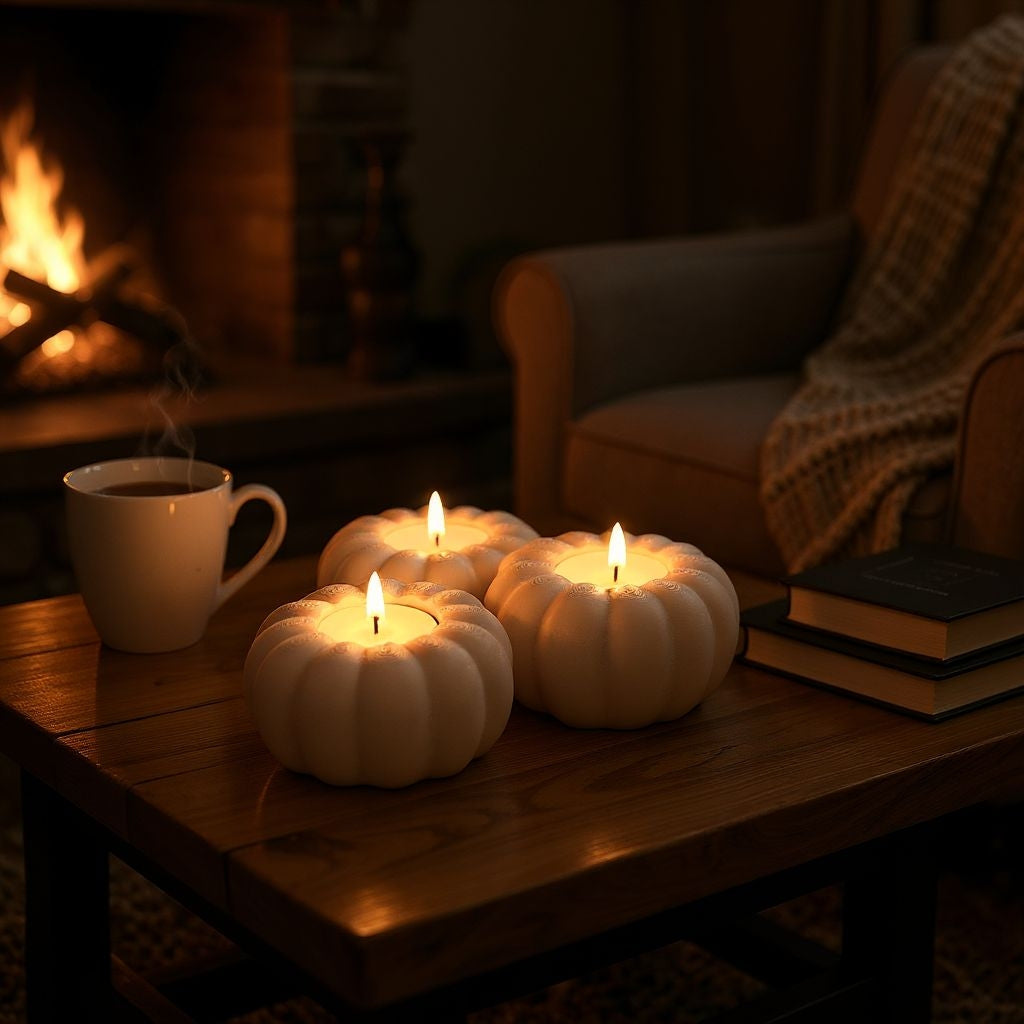 White ribbed pumpkin tealight holder for 3 LED tealights with autumn leaves flat lay