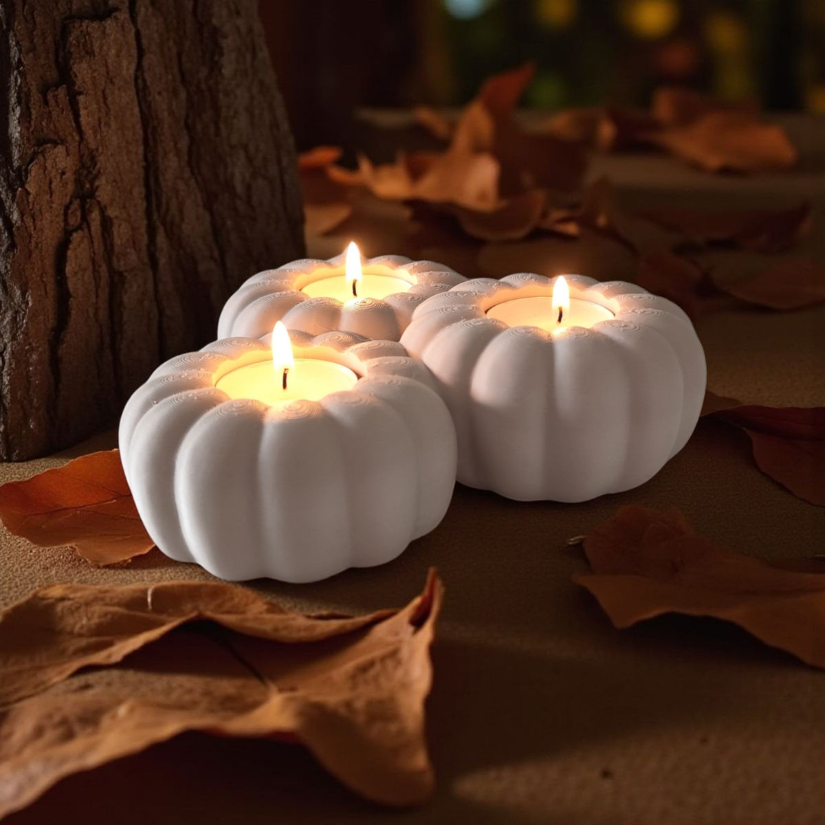 Three white pumpkin tealight holders product shot 9