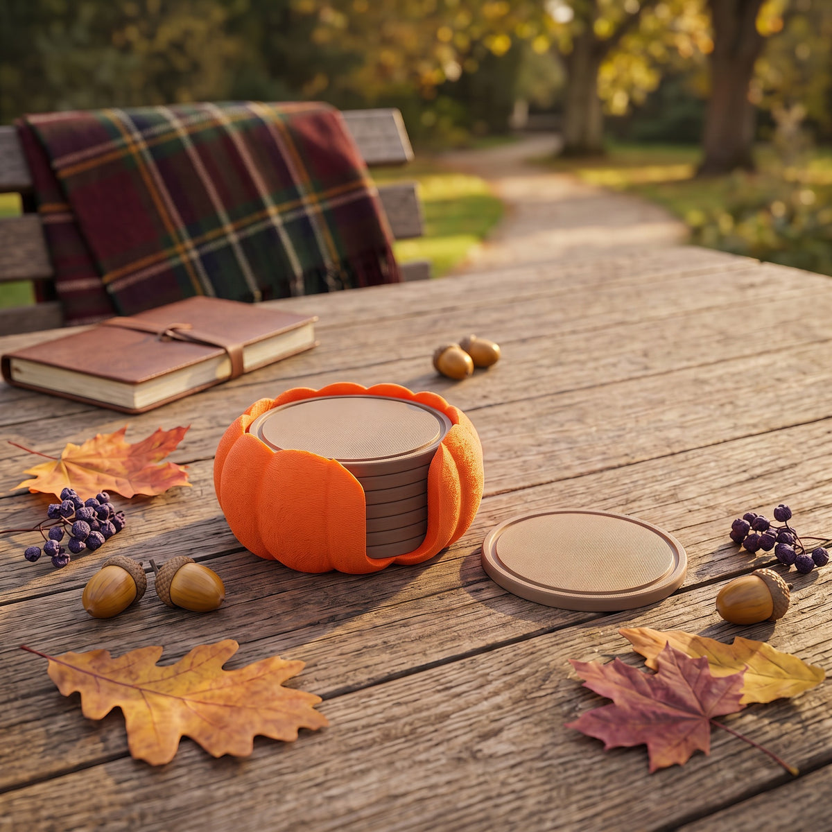 Pumpkin coaster set on rustic outdoor table with autumn leaves and acorns