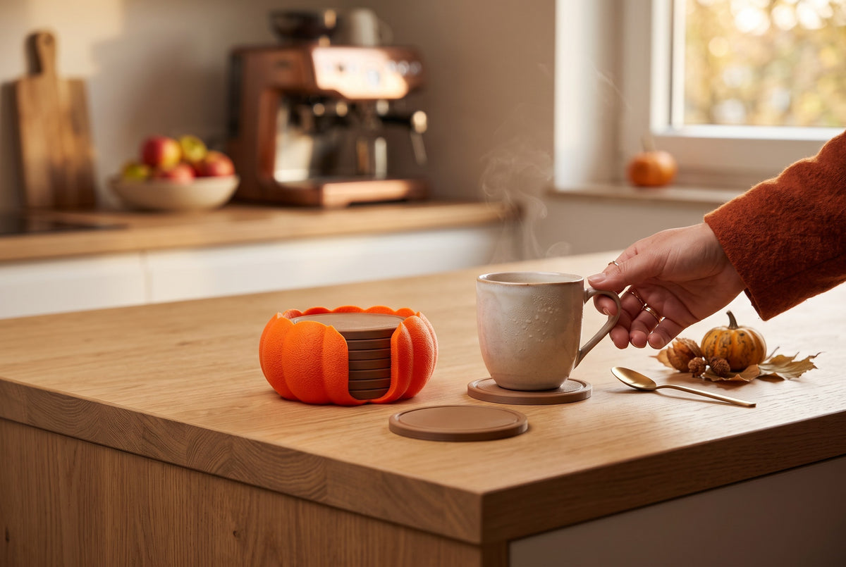 Woman in cream jumper holding mug beside pumpkin coaster set on dining table