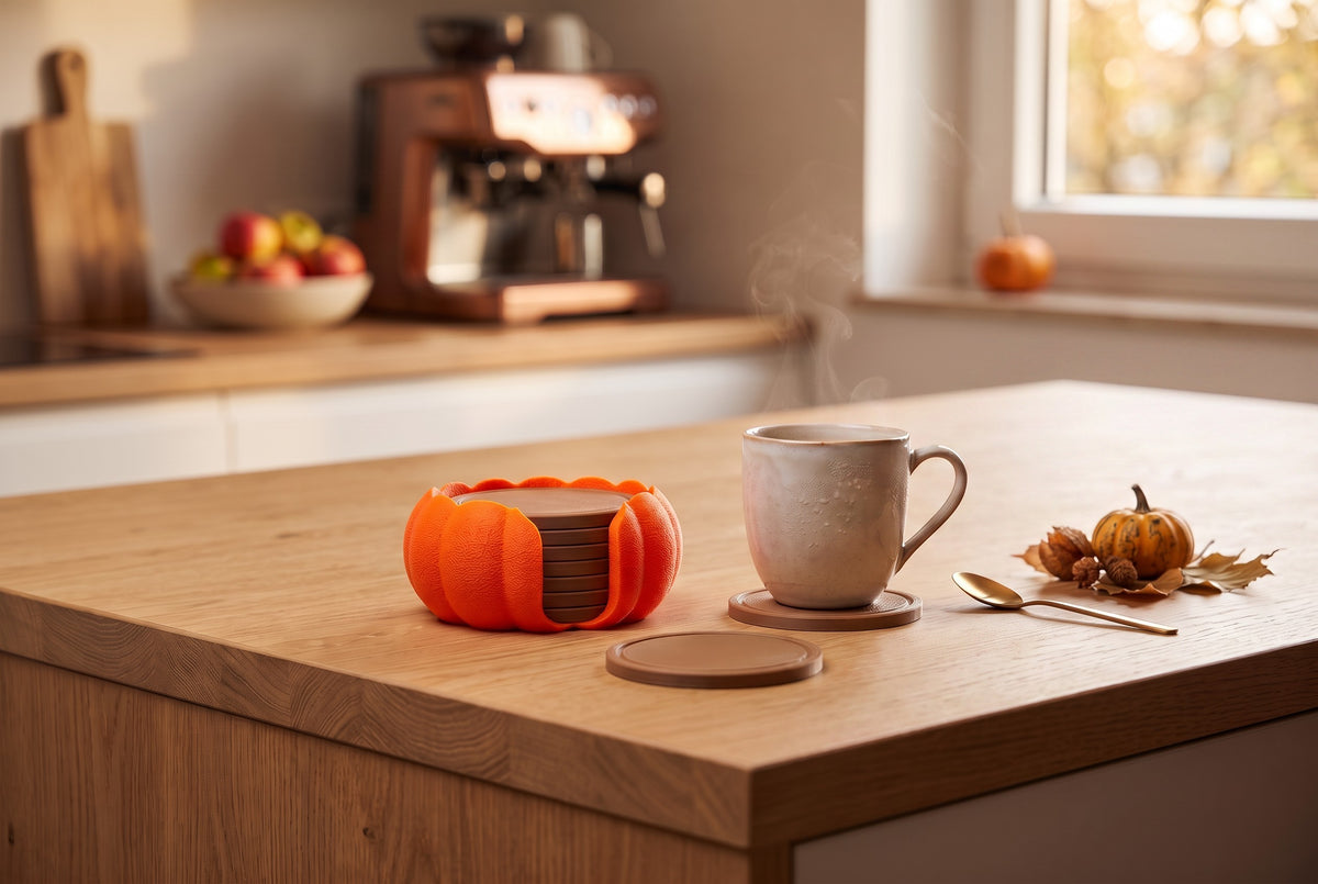 Pumpkin coaster set styled on kitchen island with espresso machine background