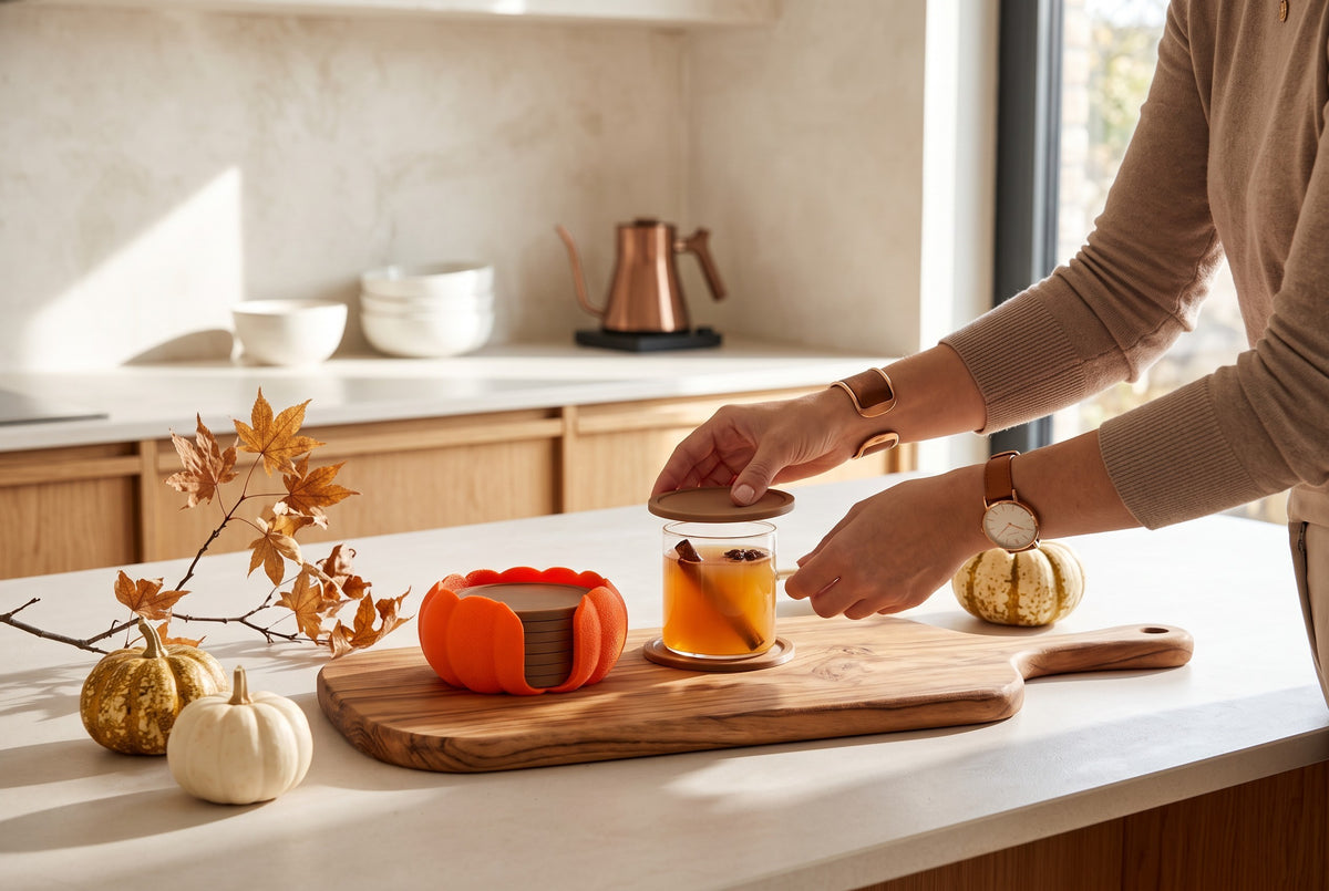 Pumpkin coaster holder and round coaster beside steaming mug on autumn table