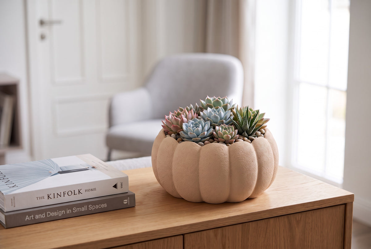 Pumpkin Planter on a home office desk with a journal and tea